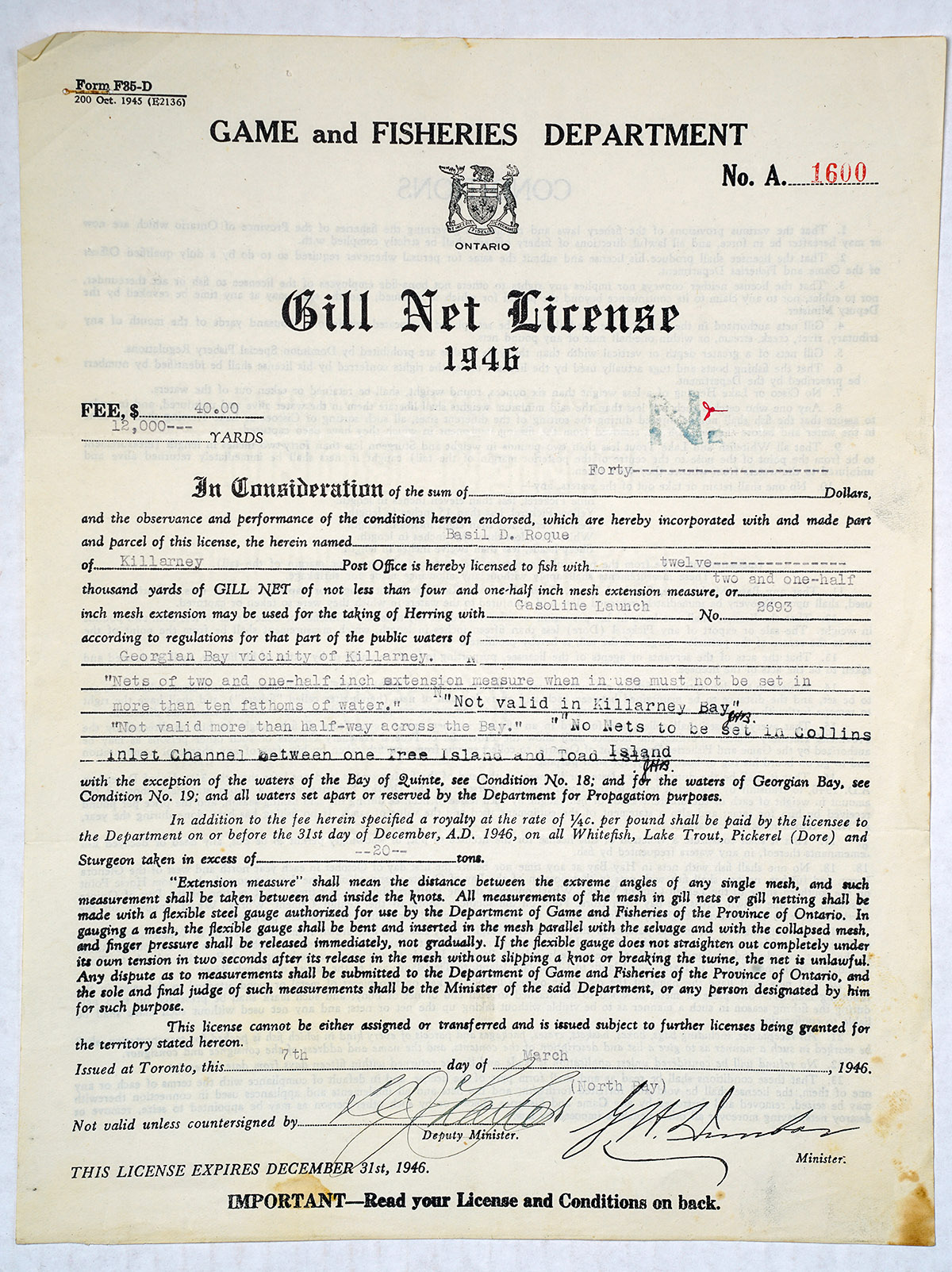 Basil Roque's gill net fishing license, 1946.